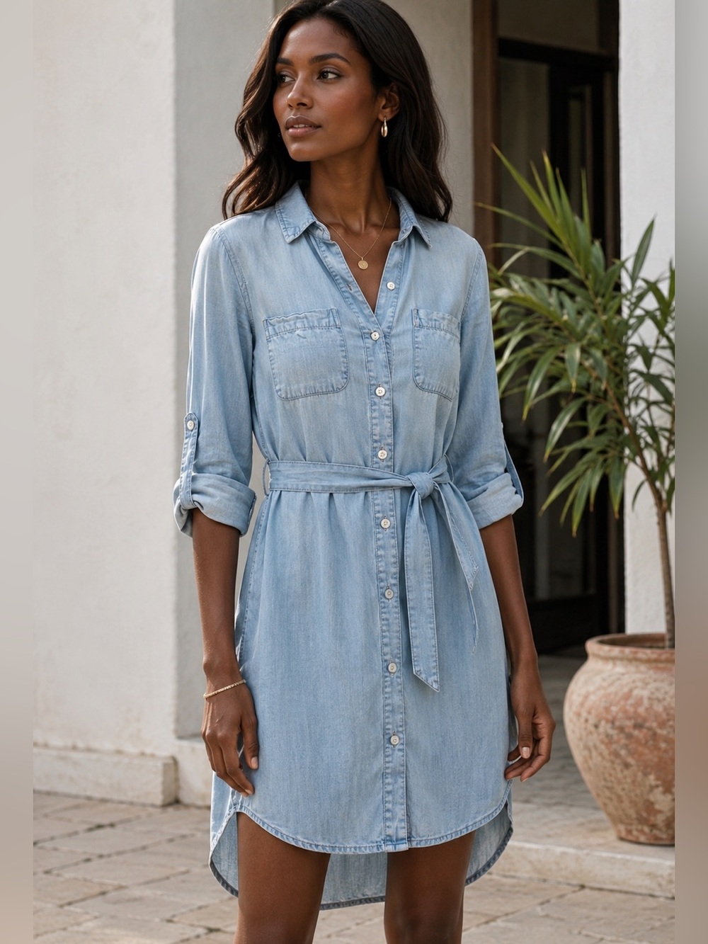 Cloth & Stone Chambray Tencel Belted Shirt Dress Tunic Blue Size Small